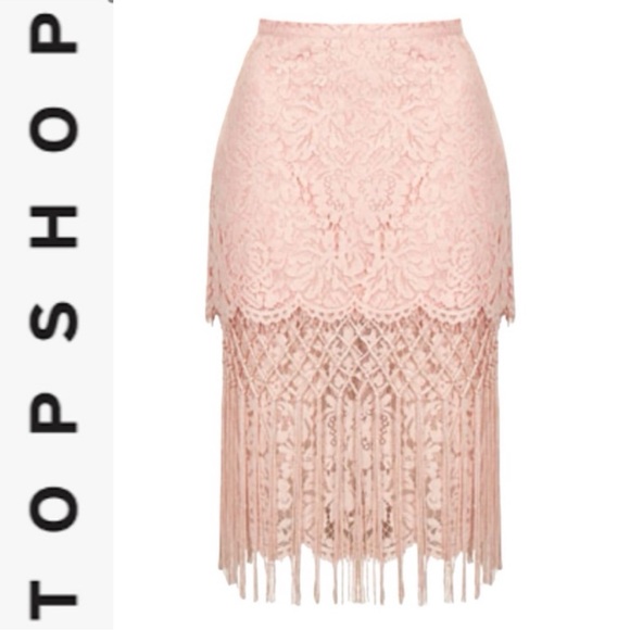 Topshop Dresses & Skirts - TOPSHOP LACE BLUSH PINK TIERED FRINGED MIDI PENCIL SKIRT
